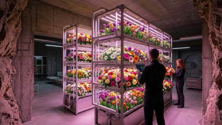Sistema de cultivo hidropónico vertical con luces LED en búnker de lujo